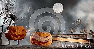 Halloween background funny and evil slain with the hammer. evil intentions Halloween pumpkin 3d-illustration Cartoon Illustration