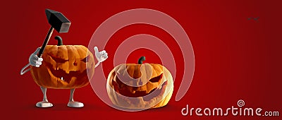 Halloween background funny and evil slain with the hammer. evil intentions Halloween pumpkin 3d-illustration Cartoon Illustration