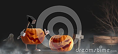 Halloween background funny and evil slain with the hammer. evil intentions Halloween pumpkin 3d-illustration Cartoon Illustration