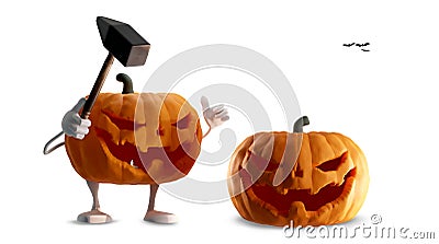 Halloween background funny and evil slain with the hammer. evil intentions Halloween pumpkin 3d-illustrationHalloween background Cartoon Illustration