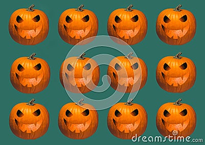 Halloween background geometrical rows of bright orange pumpkins carved glowing Jack o lantern face on dark green. Seamless pattern Stock Photo