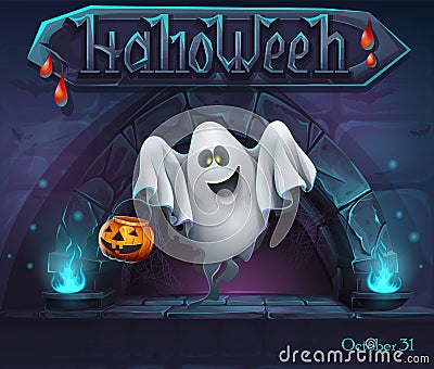 Halloween background with Ghost with pumpkin Vector Illustration