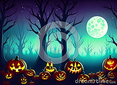 Halloween background with haunted house, pumpkins and witch's house Stock Photo