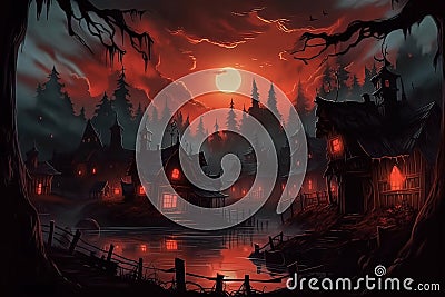 Halloween background with haunted house on the shore of the lake Stock Photo