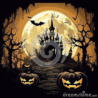 Halloween background illustration - mystery castle, pumpkin jack lanterns and full moon in horror night. Dark scary tree Cartoon Illustration