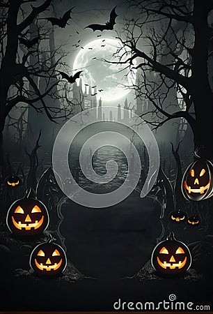 Halloween background illustration - mystery castle, pumpkin jack lanterns and full moon in horror night. Dark scary tree Cartoon Illustration