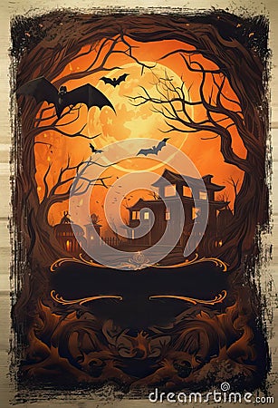 Halloween background illustration - mystery castle, pumpkin jack lanterns and full moon in horror night. Dark scary tree Cartoon Illustration