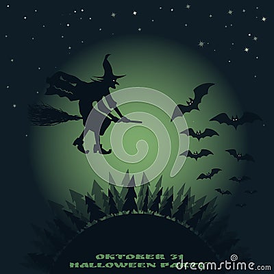 Halloween background. image of flying over the forest witch on a broomstick and bats Vector Illustration