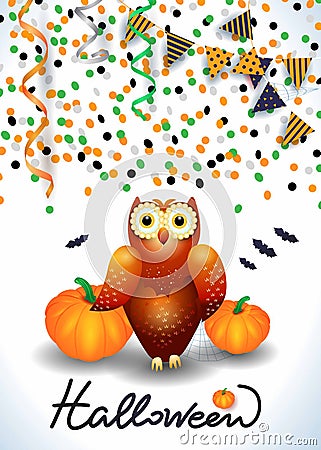 Halloween background with owl, confetti, streamers. Cartoon Illustration