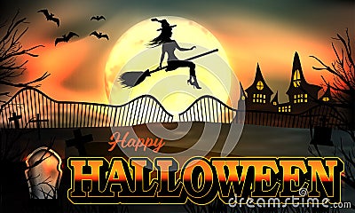 Halloween background. Poster with Young witch flying on a broomstick on the background of a full moon over the graveyard with Vector Illustration