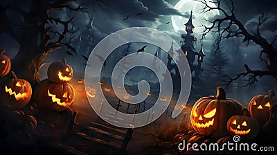 Halloween background with pumpkins and castle Cartoon Illustration