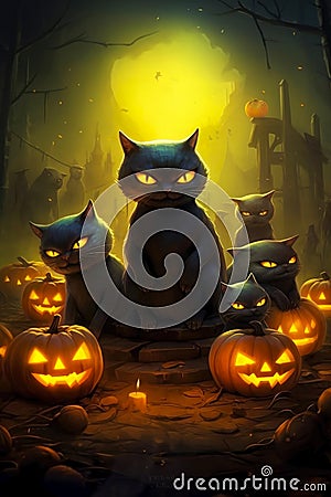 Halloween background with pumpkins and cats in a dark night forest with bright moonlight. Stock Photo