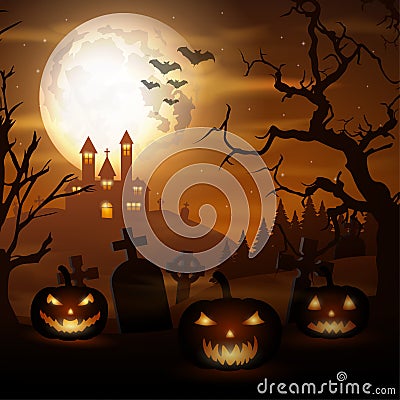 Halloween background with pumpkins and scary church on graveyard Vector Illustration