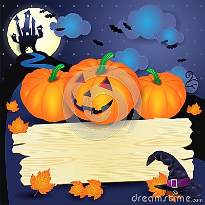 Halloween background with pumpkins and wooden sign Vector Illustration