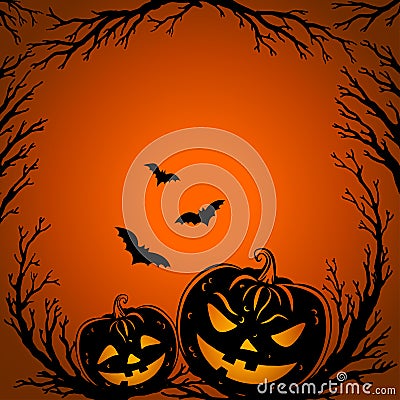 Halloween background. Scary tree twigs, bats and pumpkin lanterns Vector Illustration