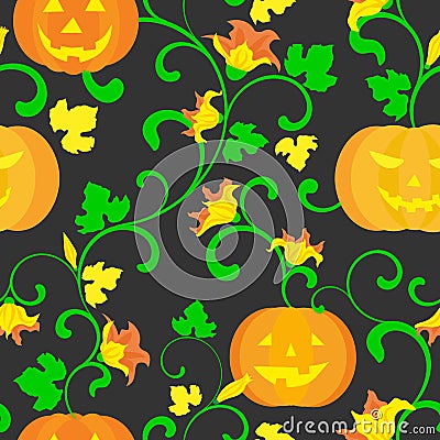 Halloween background. Seamless pattern. Pumpkin with twisted stems, leaves and flowers on a black background Vector Illustration