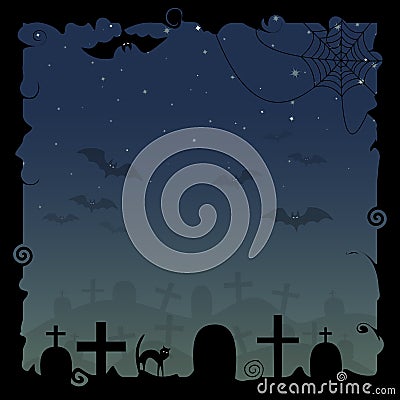 Halloween background with silhouettes of cobweb, of bats and tombstones. Vector Illustration