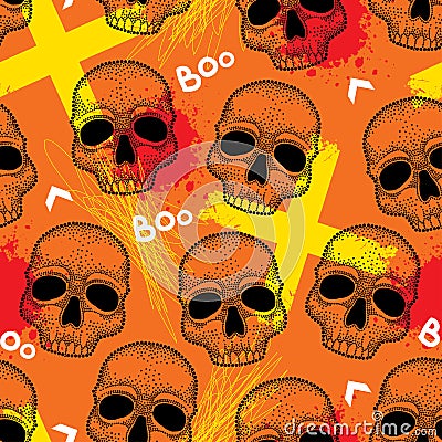 Halloween background with skulls and creepy symbols in dotwork style. Vector Illustration