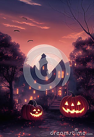 Halloween background of smiling jack-o-lanterns in front of spooky house Cartoon Illustration