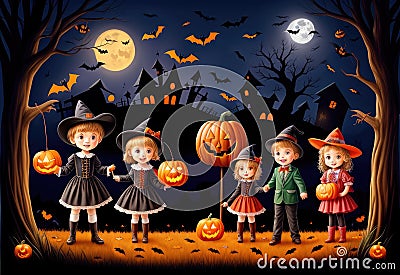 Halloween background, smiling orange pumpkins, night, bats Stock Photo