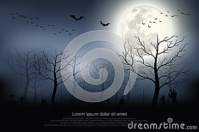 Halloween background. Spooky forest with full moon and grave. Vector Illustration