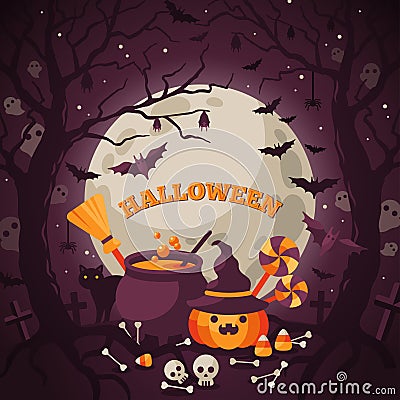 Halloween Background with Spooky Forest. Vector Illustration