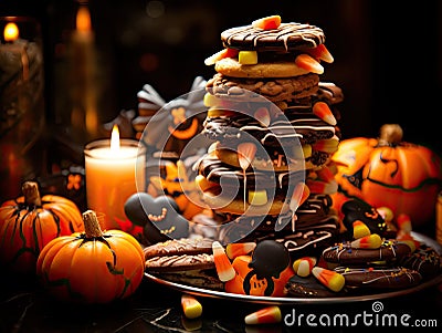 Halloween background with stacks of cookies and candy Stock Photo