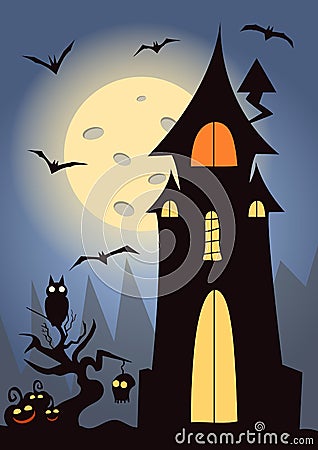 Halloween background. A strange dark castle in the forest. Vector Illustration