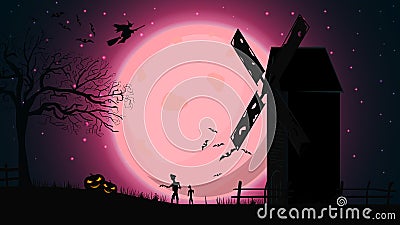 Halloween background, template for your creativity with pink night landscape with full moon, old mill, witches and zombie. Vector Illustration
