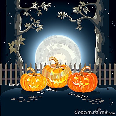 Halloween background with three cheerful pumpkins Vector Illustration