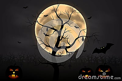 Halloween background with tree, full Moon and pumpkins in dark night isolated. Halloween moon, scary Vector Illustration