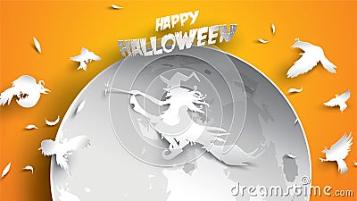 Halloween background with witch, crow, moon and broomstick in paper art carving style. banner, poster, Flyer or invitation templat Vector Illustration