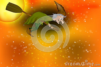 Halloween background with witch flying. Vector Illustration