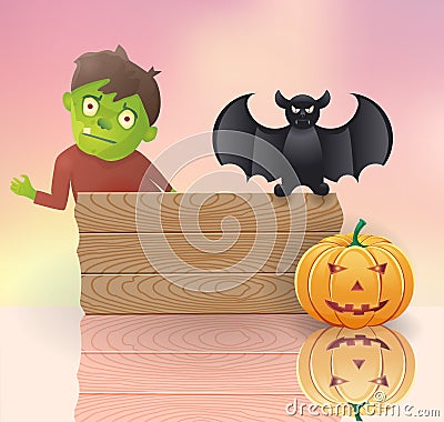 Halloween background with wooden board. Cartoon Illustration
