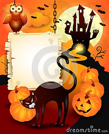 Halloween background with wooden sign and black cat Vector Illustration