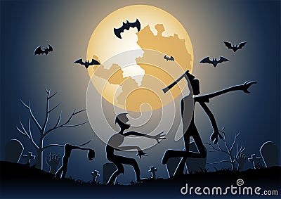 Halloween background with zombie walk in graveyard on midnight Vector Illustration