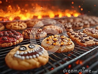 Halloween Baking Fun Spooky Cookies Fresh from the Oven, Festive Treats for Your Holiday Gathering Stock Photo