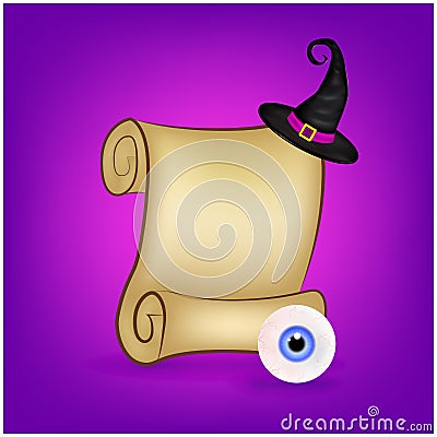 Halloween banner, card with empty paper scroll and eyeball, witches hat. Blank ancient scroll of parchment wallpaper, background. Vector Illustration