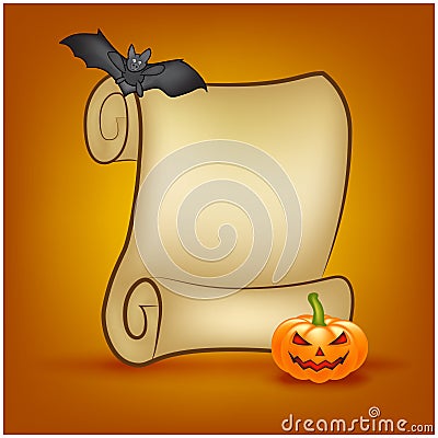 Halloween banner, card with empty paper scroll and pumpkin, bat. Blank ancient scroll of parchment wallpaper, background. Vector Illustration