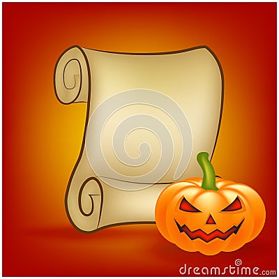 Halloween banner, card with empty paper scroll and pumpkin. Blank ancient scroll of parchment wallpaper, background. Poster or bro Vector Illustration