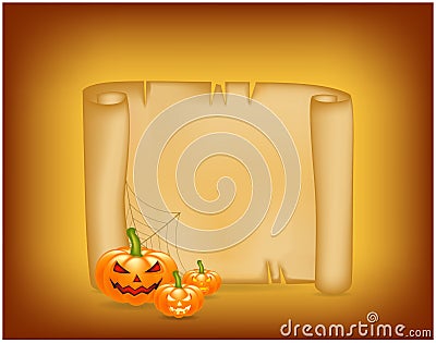 Halloween banner, card with empty paper scroll and pumpkin. Blank ancient scroll of parchment wallpaper, background. Poster or bro Vector Illustration