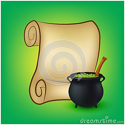 Halloween banner, card with empty paper scroll and witches cauldron, green potion. Blank ancient scroll of parchment wallpaper, Vector Illustration