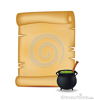 Halloween banner, card with empty paper scroll and witches cauldron, green potion. Blank ancient scroll of parchment wallpaper, ba Vector Illustration