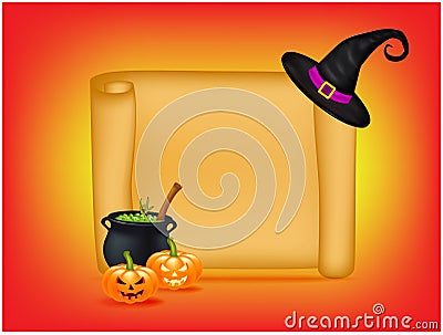 Halloween banner, card with empty paper scroll and witches cauldron, green potion, pumpkin. Blank ancient scroll of parchment wall Vector Illustration