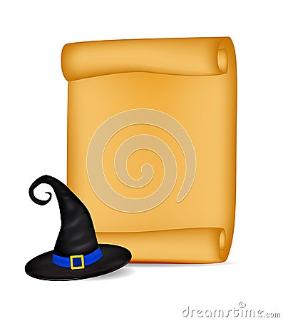 Halloween banner, card with empty paper scroll and witches hat. Blank ancient scroll of parchment wallpaper, background. Poster or Vector Illustration