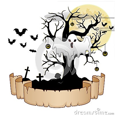 Halloween banner with ghost, pumpkin hung tree, bats and moon Vector Illustration