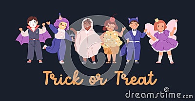 Halloween banner with happy disguised kids in holiday costumes. Cute children on October Helloween party night. Trick Vector Illustration