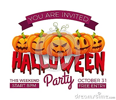 Halloween banner. 31 october party invitation vector template. Halloween pumpkins with funny and scare faces Vector Illustration