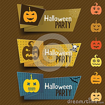 Halloween banner in origami style with pumpkin, web, bat and sku Vector Illustration