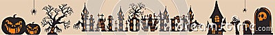 Halloween banner, pumpkins and cemetery Vector Illustration